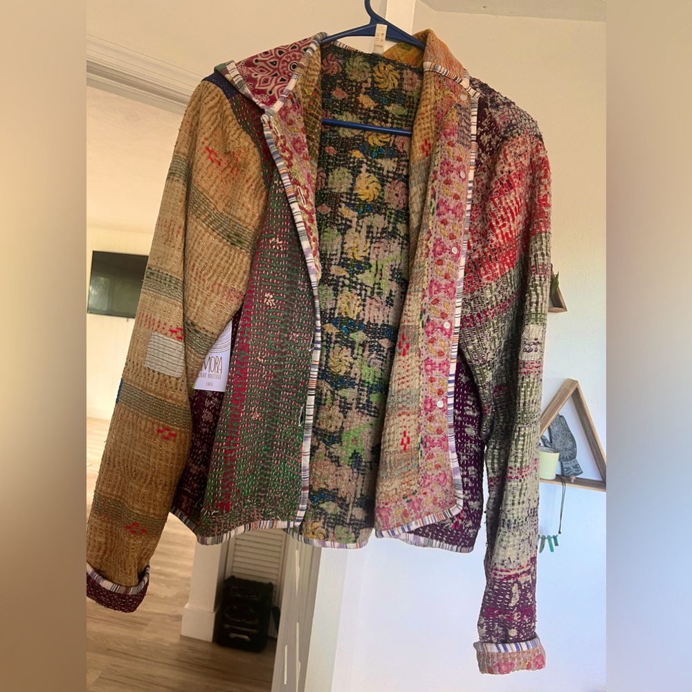 Handmade jacket made out of blankets from India.
